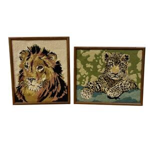 Needlepoint Artwork Lion and Leopard Set of 2 Wall Hanging Frame Good Condition